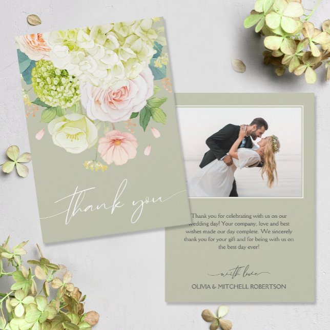 Tarjeta De Agradecimiento Moda acuarela Florals Boda Foto (Watercolor florals on front, your photo and message on the back of flat wedding thank you cards)