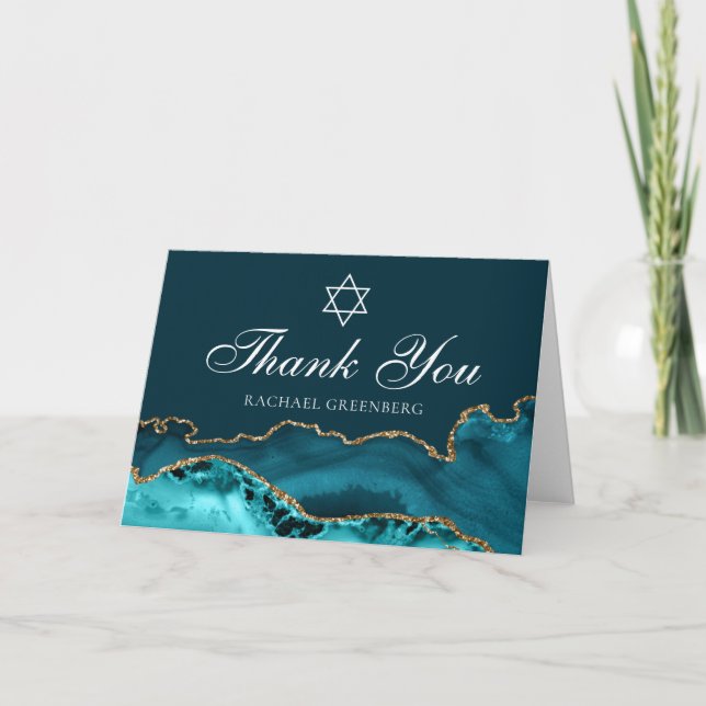 Tarjeta De Agradecimiento Moda Agencia Verde azulada de Oro Bat Mitzvah (Anverso)