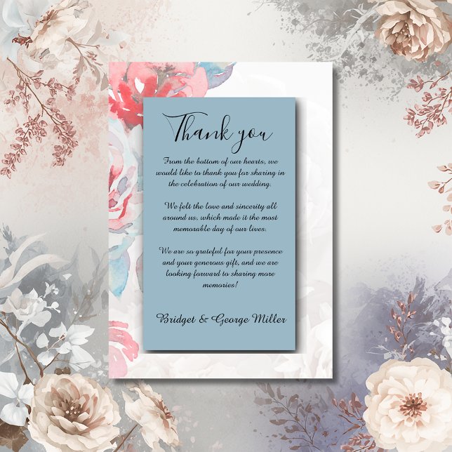 Tarjeta De Agradecimiento moda azul polvorienta rosa de acuarela floral boda (Subido por el creador)