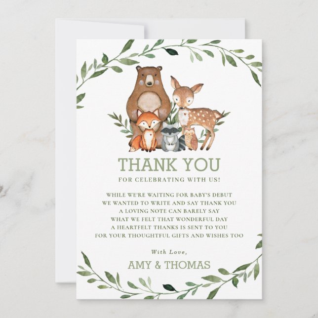 Tarjeta De Agradecimiento Moda Baby Shower de Woodland Animals Forest Greene (Anverso)
