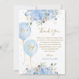 Tarjeta De Agradecimiento Moda Blue Floral Balloons Gold Boy Baby Shower