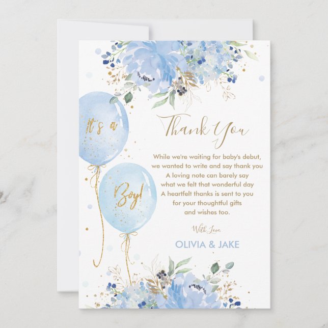 Tarjeta De Agradecimiento Moda Blue Floral Balloons Gold Boy Baby Shower (Anverso)