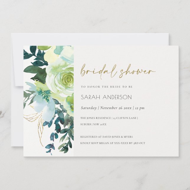 Tarjeta De Agradecimiento Moda Blue Green Floral Leafy Bridal Shower Invite (Anverso)