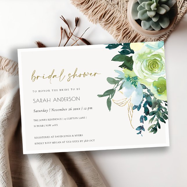 Tarjeta De Agradecimiento Moda Blue Green Floral Leafy Bridal Shower Invite (Subido por el creador)