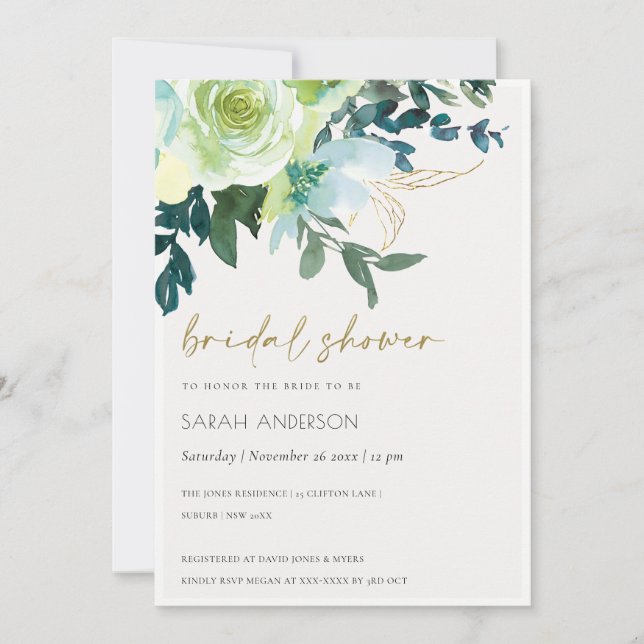 Tarjeta De Agradecimiento Moda Blue Green Floral Leafy Bridal Shower Invite (Anverso)