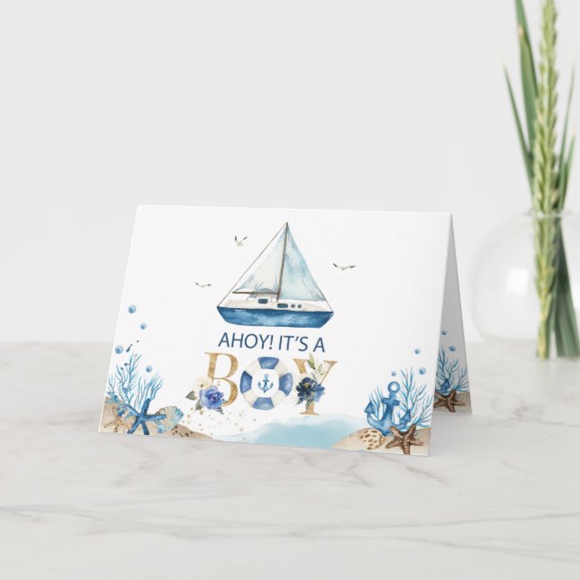 Tarjeta De Agradecimiento Moda Boat Nautical Ahoy es un chico Baby Shower (Anverso)