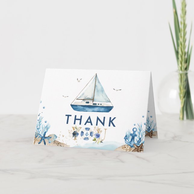Tarjeta De Agradecimiento Moda Boat Nautical Ahoy es un chico Baby Shower qu (Anverso)