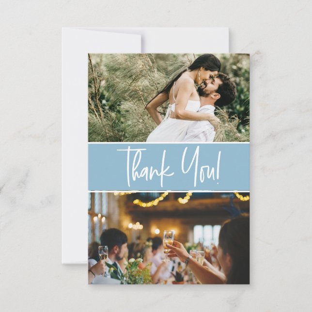 Tarjeta De Agradecimiento Moda Boda azul Personalizado 2 fotos (Anverso)