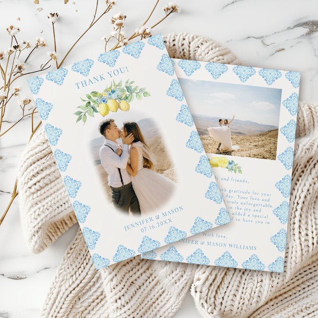 Tarjeta De Agradecimiento Moda Boda de Blue Tile Lemon mediterráneo (Subido por el creador)