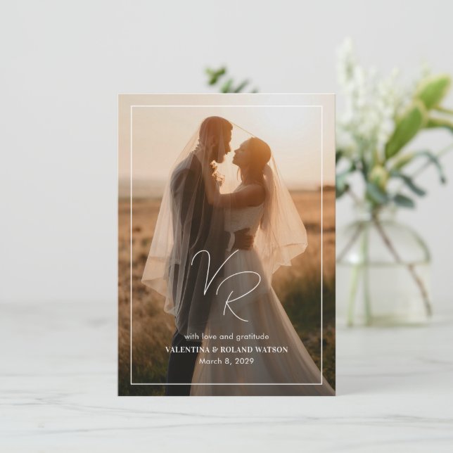 Tarjeta De Agradecimiento Moda Boda moderno foto en blanco y negro (Anverso de pie)