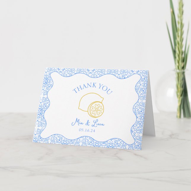 Tarjeta De Agradecimiento Moda Boda personalizado de azulejos azules de limó (Anverso)