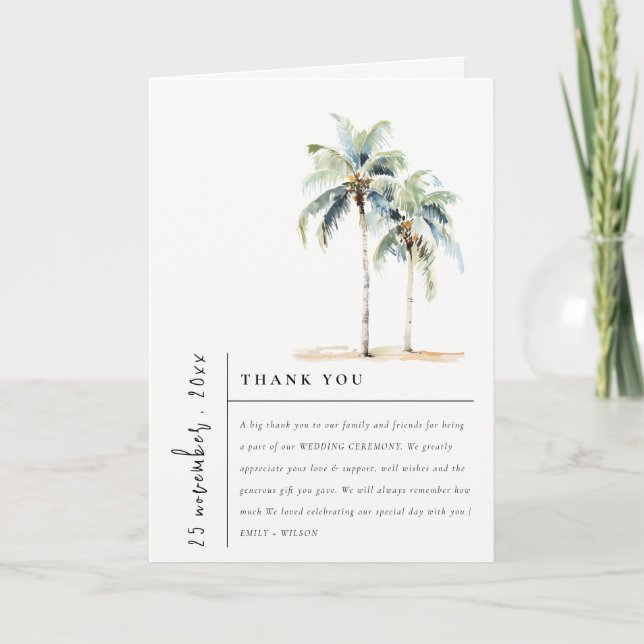 Tarjeta De Agradecimiento Moda Boda tropical de palmeras mínimas (Anverso)