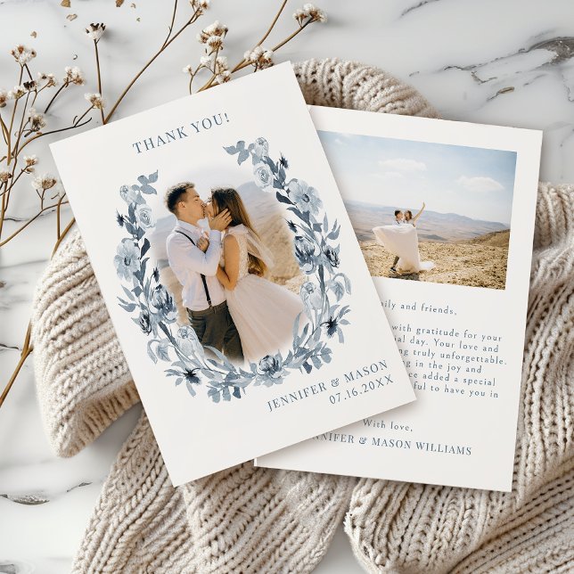 Tarjeta De Agradecimiento Moda Boho Dusty Blue Gray Floral Boda Foto (Subido por el creador)