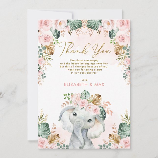 Tarjeta De Agradecimiento Moda Boho Elephant Rubor Pink Floral Baby Shower (Anverso)
