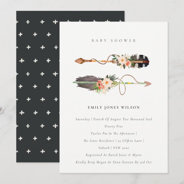 Tarjeta De Agradecimiento Moda Boho Feather Floral Arrow Baby Shower Invitar (Anverso / Reverso)