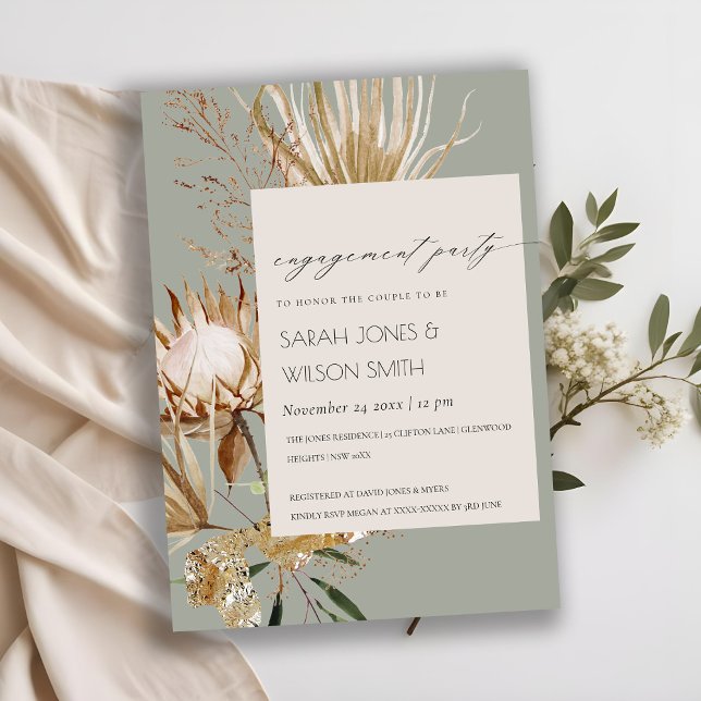 Tarjeta De Agradecimiento Moda Boho Protea Dry Palm Floral Engagement Invite (Subido por el creador)