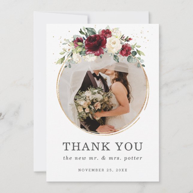 Tarjeta De Agradecimiento Moda Borgoña Boda Floral  Foto Boda (Anverso)