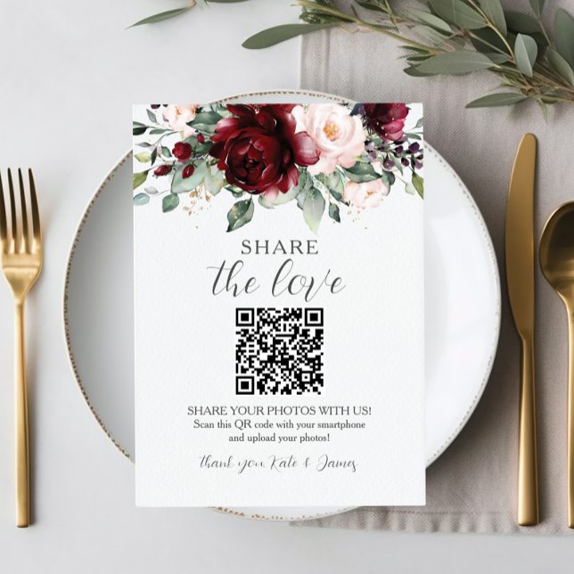 Tarjeta De Agradecimiento Moda Borgoña Rubor Floral rosa QR Compartir fotos (Subido por el creador)