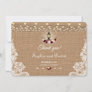 Tarjeta De Agradecimiento Moda Burlap Lace String Lights Boda Gracias