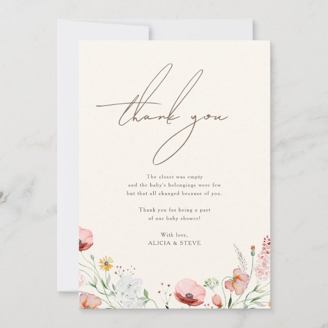 Tarjeta De Agradecimiento Moda caligrafía Boho Wildflower Baby Shower (Anverso)