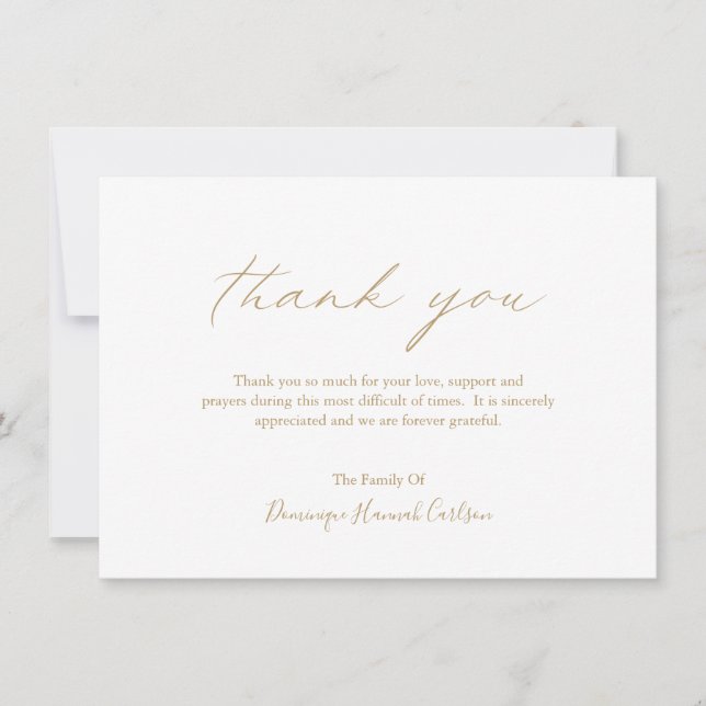 Tarjeta De Agradecimiento Moda Caligrafía de oro simple funeral elegante (Anverso)