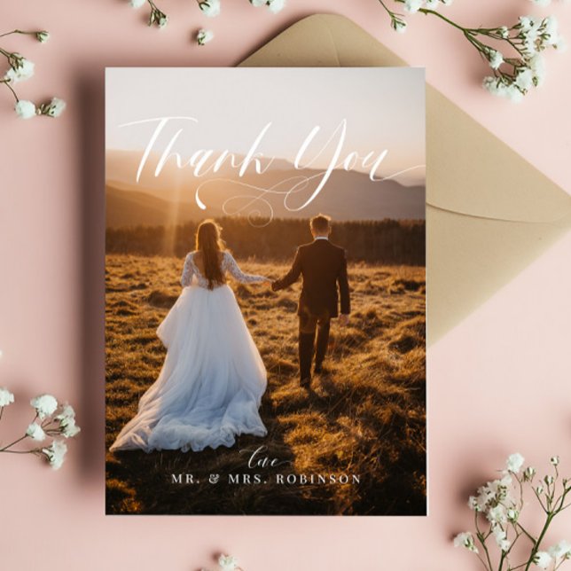 Tarjeta De Agradecimiento Moda Caligrafía Elegante foto de matrimonio (Subido por el creador)