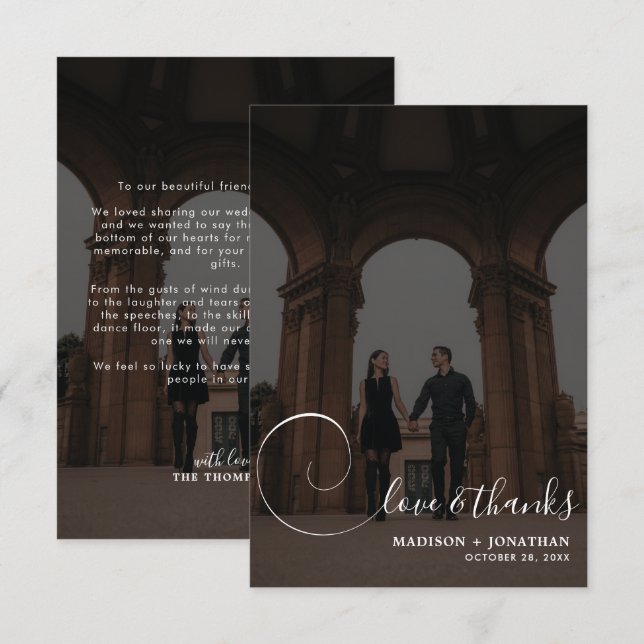 Tarjeta De Agradecimiento Moda Caligrafía Gris oscuro 2 Boda fotográfico (Anverso / Reverso)