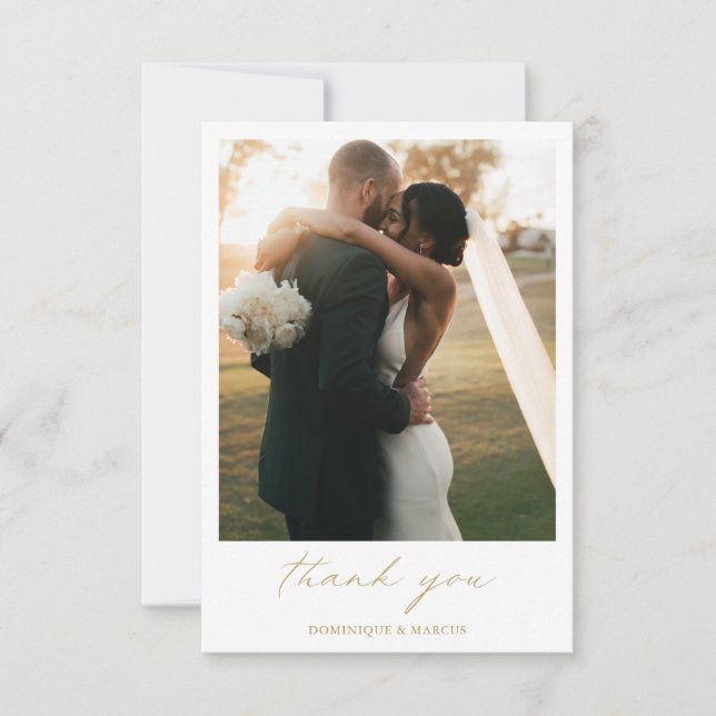 Tarjeta De Agradecimiento Moda Caligrafía Oro Elegante Foto Boda simple (Anverso)