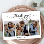Tarjeta De Agradecimiento Moda Caligrafía Script 3 Collage de fotos Boda<br><div class="desc">Elegante Boda De Fotos De Moda De Caligrafía Moderna Gracias Tarjeta. Elegante plantilla de boda de agradecimiento con 3 fotos en la parte delantera con el texto "Gracias" en una tipografía con letras a mano rápida y caprichoso guión tipo de letra cruz cruzada. tarjeta de dos caras en la parte...</div>