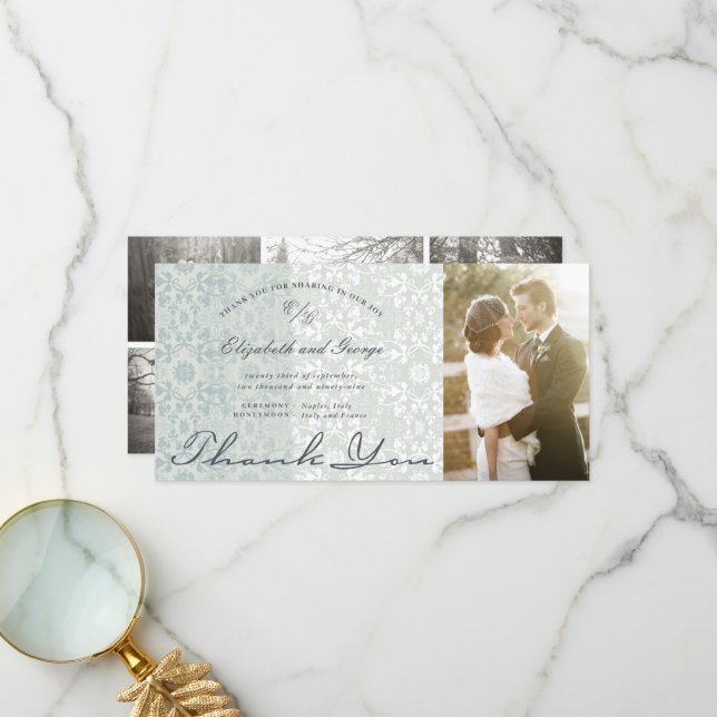 Tarjeta De Agradecimiento Moda de época Damask Lace Powder Blue Photo Boda (Anverso/Reverso In Situ)