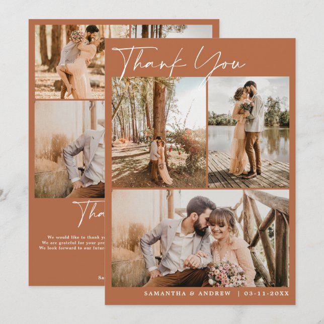 Tarjeta De Agradecimiento Moda de escritura Terracotta 6 fotos boda gracias (Anverso / Reverso)