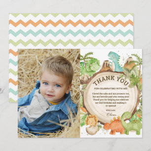 Tarjeta De Agradecimiento Moda Dinosaur Boy Birthday Greenery Chevron Photo