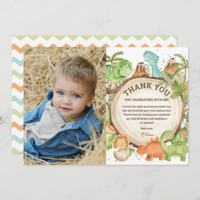 Tarjeta De Agradecimiento Moda Dinosaur Boy Birthday Greenery Chevron Photo (Anverso / Reverso)