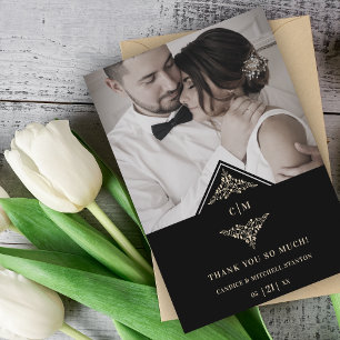 Tarjeta De Agradecimiento Moda dorada negra encaja Romántico Boda de pareja