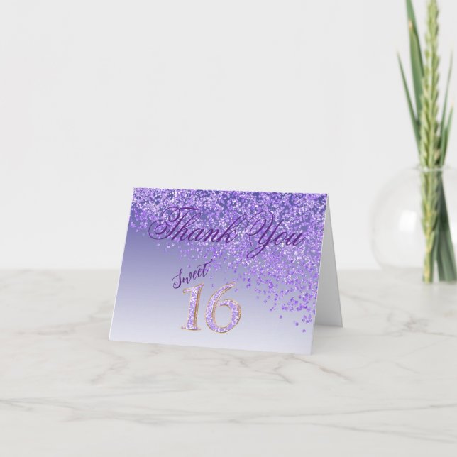 Tarjeta De Agradecimiento Moda Dulce 16 Purpurina Púrpura Gracias (Anverso)