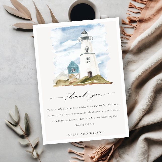 Tarjeta De Agradecimiento Moda Dusky Aqua Blue Lighthouse Boda de Montaña (Subido por el creador)