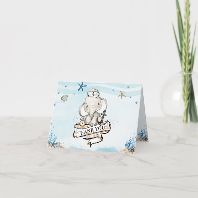 Tarjeta De Agradecimiento Moda Elefante Nautical Blue Boy Baby Shower (Anverso)