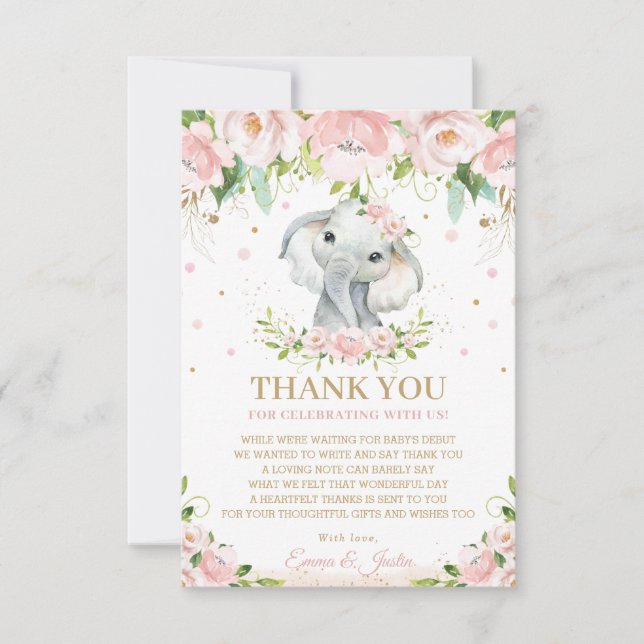 Tarjeta De Agradecimiento Moda Elefante Rosa Floral Baby Shower (Anverso)