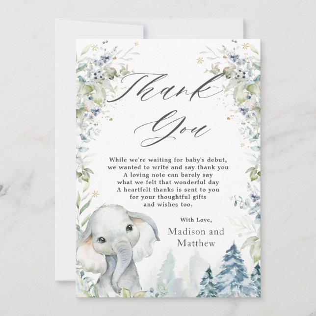 Tarjeta De Agradecimiento Moda Elephant Winter Wonderland Baby Shower  (Anverso)