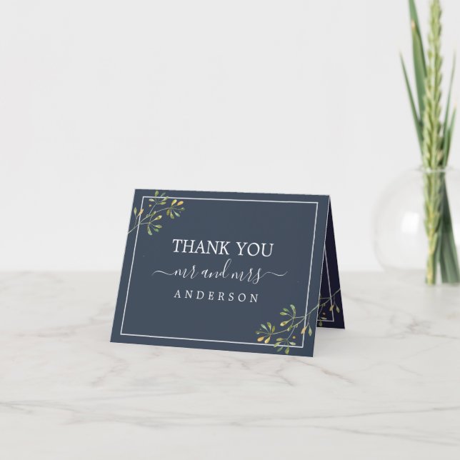 Tarjeta De Agradecimiento Moda Eucalyptus Foliage Navy Boda Azul foto (Anverso)
