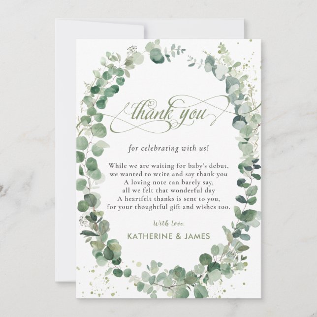 Tarjeta De Agradecimiento Moda Eucalyptus Greenery Baby Shower Cumpleaños  (Anverso)