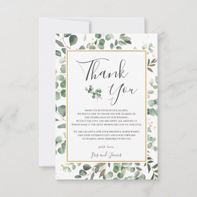 Tarjeta De Agradecimiento Moda Eucalyptus Greenery Gold Rectangle Boda (Anverso)