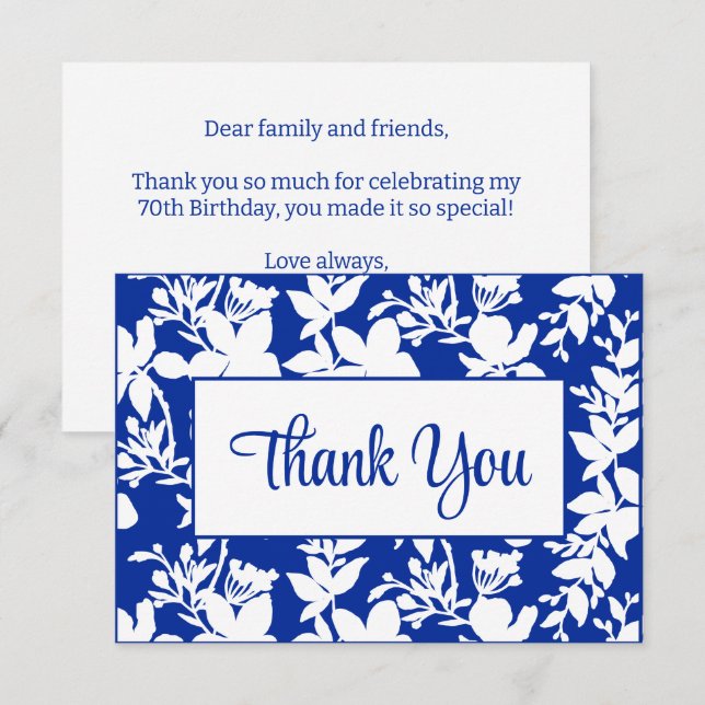 Tarjeta De Agradecimiento Moda Floral Blanca Azul 70 cumpleaños (Anverso / Reverso)