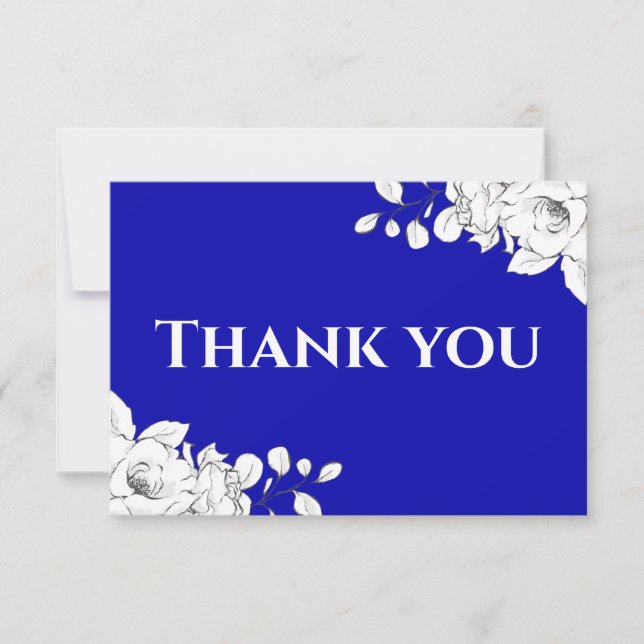 Tarjeta De Agradecimiento Moda Floral blanca azul real moderna (Anverso)
