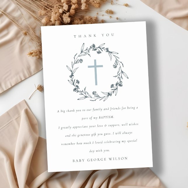 Tarjeta De Agradecimiento Moda Floral Laurel Wreath Dusky Blue Gray Baptism (Subido por el creador)