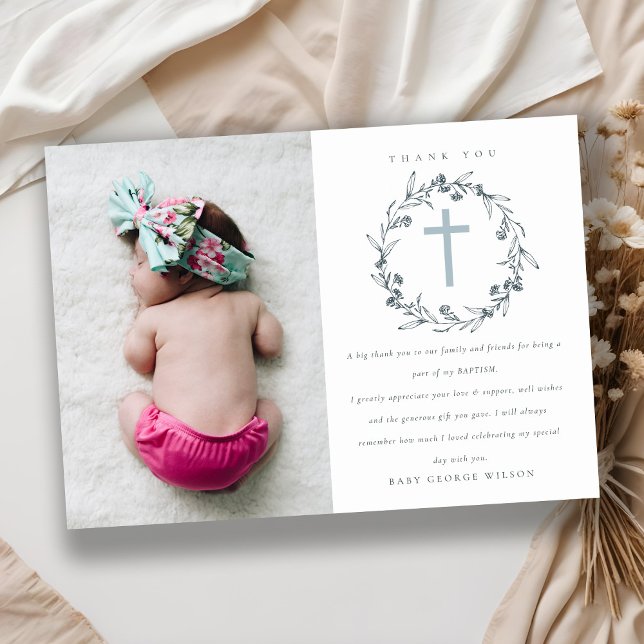 Tarjeta De Agradecimiento Moda Floral Laurel Wreath Dusky Blue Gray Baptism (Subido por el creador)