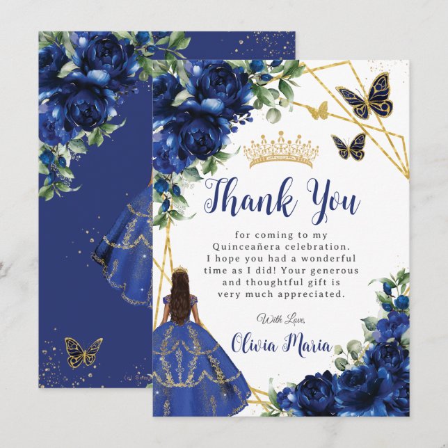 Tarjeta De Agradecimiento Moda Flores Azules Royal Quinceañera Floral (Anverso / Reverso)