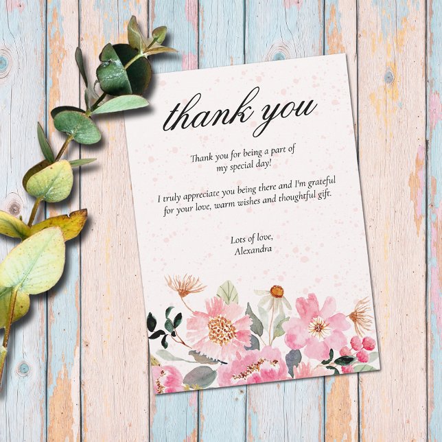 Tarjeta De Agradecimiento Moda Flores de jardín rosado Ducha de novia (Chic pink watercolor garden flowers bridal shower flat thank you cards)