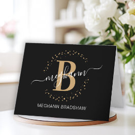 Tarjeta De Agradecimiento Moda Girly Moderno Black Gold Name Script Monogram