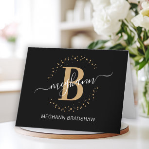 Tarjeta De Agradecimiento Moda Girly Moderno Black Gold Name Script Monogram